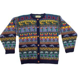 L.L. Bean Vintage 100% Wool Animal Fair Isle Cardigan Sweater Blue Multi Size M